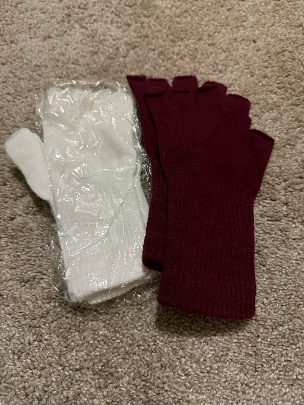 Fingerless Knit Gloves - Burgundy and White